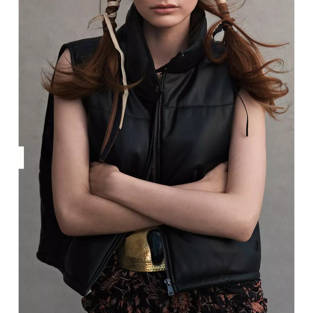 Anthropologie Faux Leather Puffer Vest Black Cropped Full Zip Pockets Size Small - Picture 11 of 11
